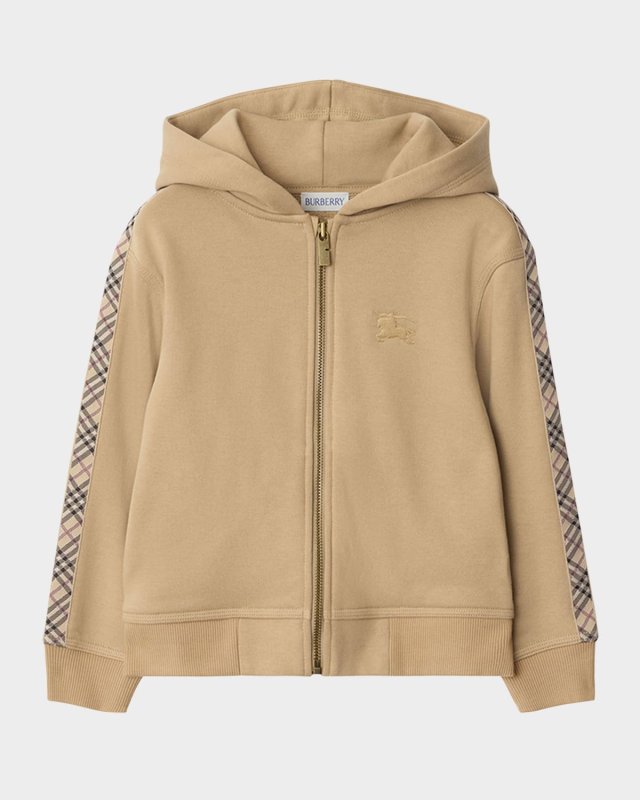 Boy's Clyde Check Tape Zip-Front Hoodie, Size 3-14